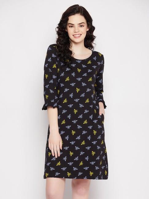 clovia black cotton printed with pocket night dress