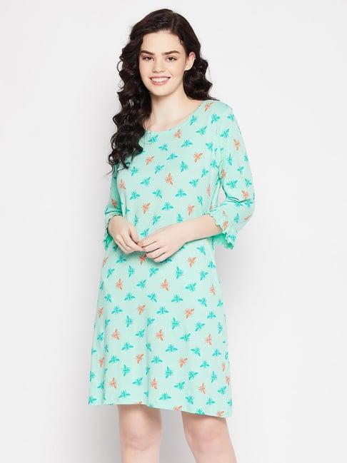 clovia mint cotton printed with pocket night dress