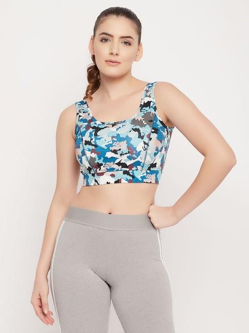 clovia blue polyester printed full coverage sports bra