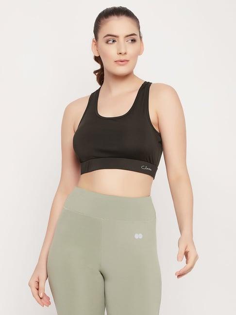 clovia olive polyester logo print full coverage racerback sports bra