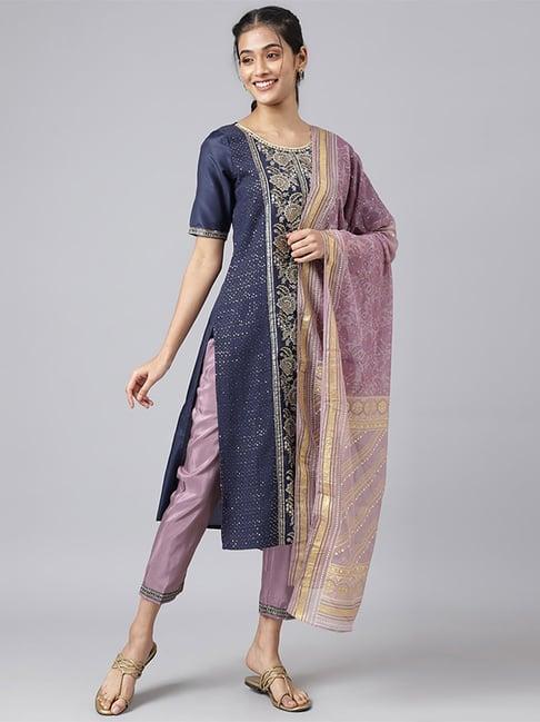 aurelia blue & purple printed kurta pant set with dupatta