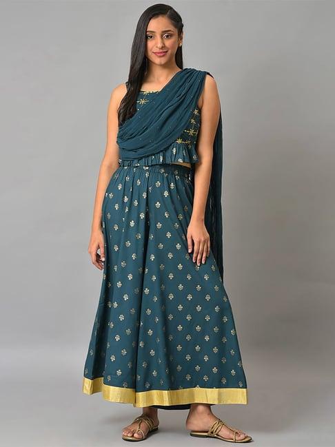 aurelia blue printed top with attached dupatta palazzo set