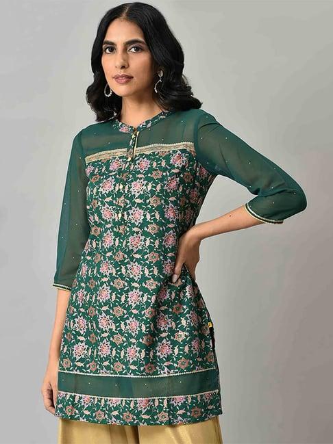 aurelia women green festive floral print rayon kurta