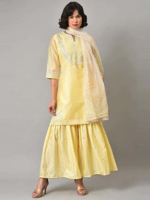 wishful by w yellow embroidered kurta sharara set with dupatta