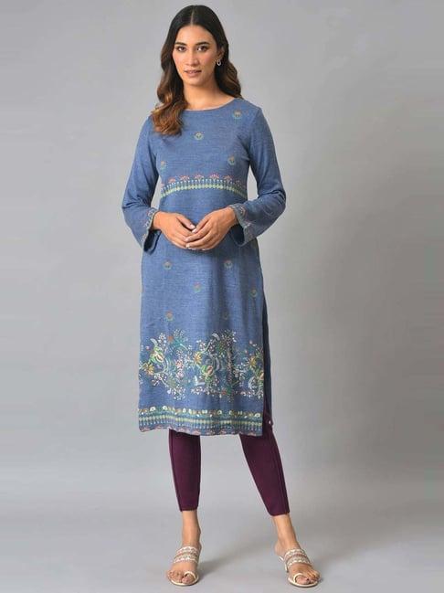 w blue floral print straight winter kurta