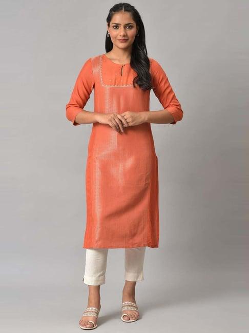 w orange cotton straight kurta