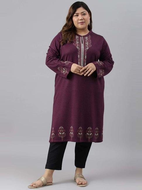 w purple floral print straight winter kurta