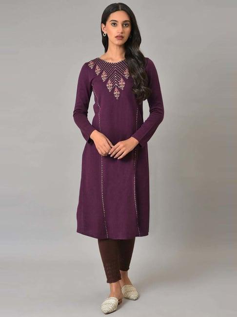 w purple floral print a line winter kurta