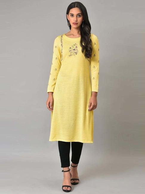 w yellow floral print a line winter kurta