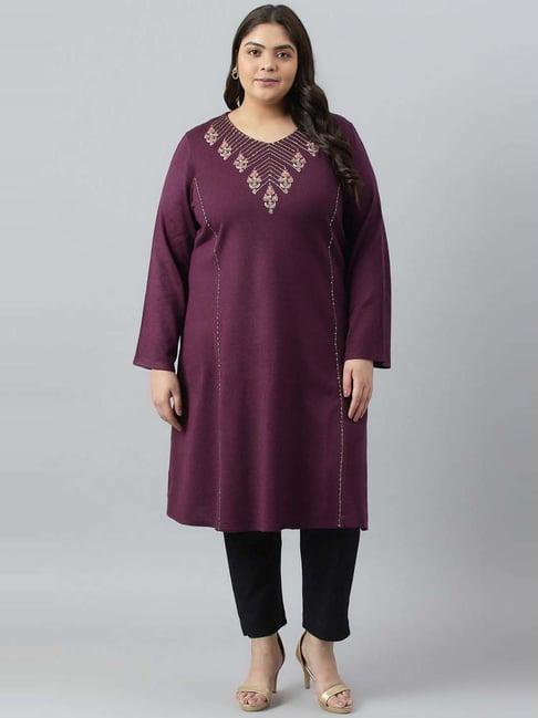 w purple floral print a line winter kurta