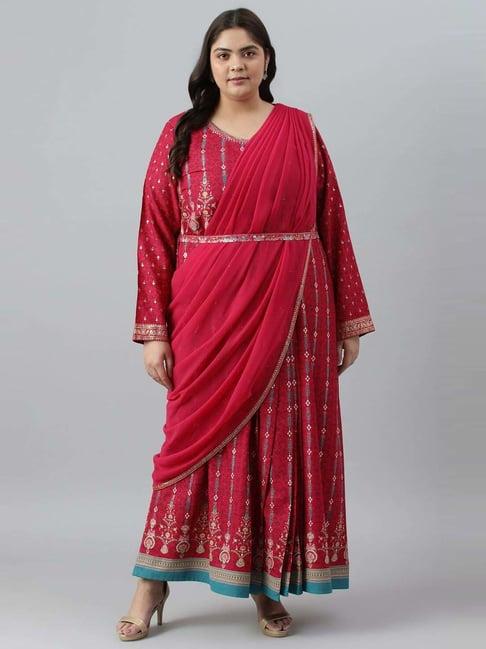 w pink floral print a line kurta with attached dupatta