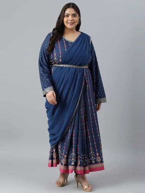 w teal blue floral print a line kurta with attached dupatta