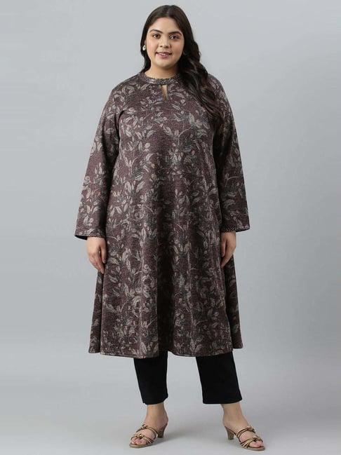 w purple floral print a line winter kurta