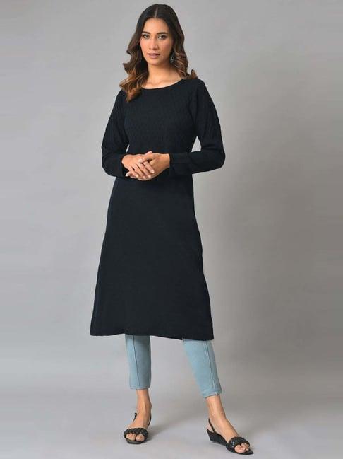 w navy straight winter kurta