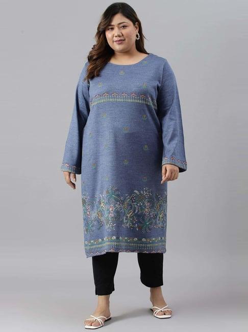 w blue floral print straight winter kurta