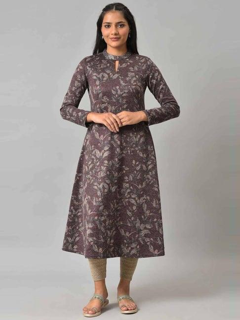 w purple floral print a line winter kurta