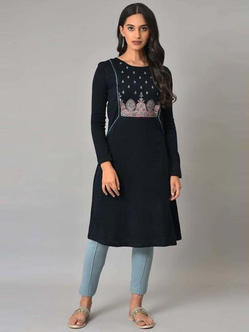 w navy floral print a line winter kurta