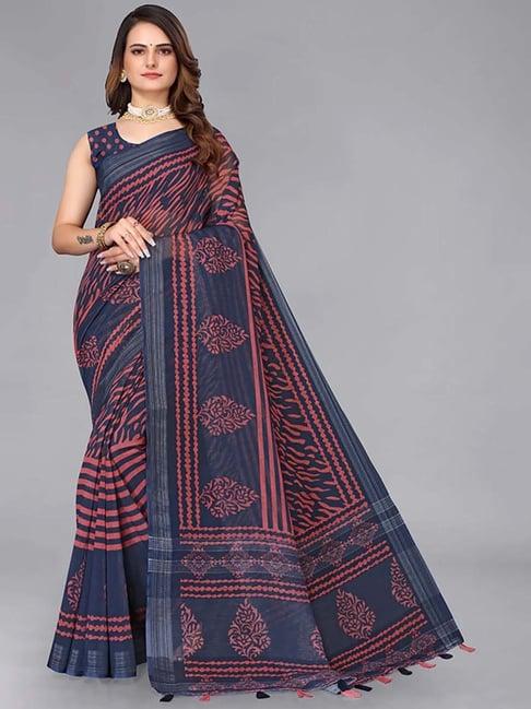 the chennai silks navy floral print saree with unstitched blouse