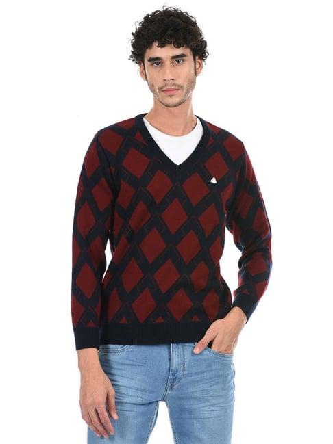 cloak & decker by monte carlo red & navy regular fit self design sweater