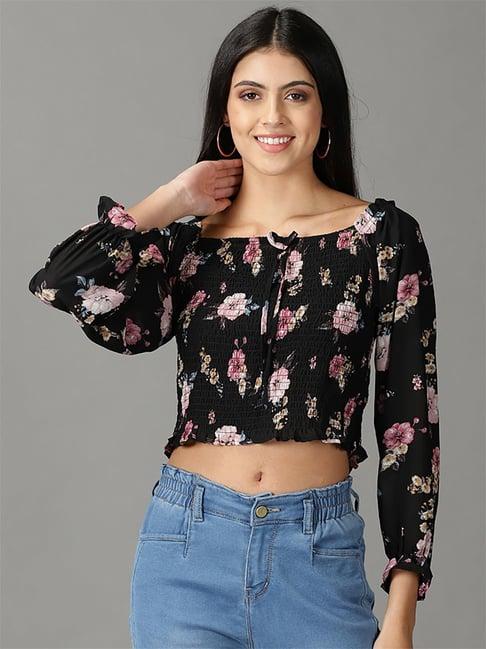 showoff black floral print crop top