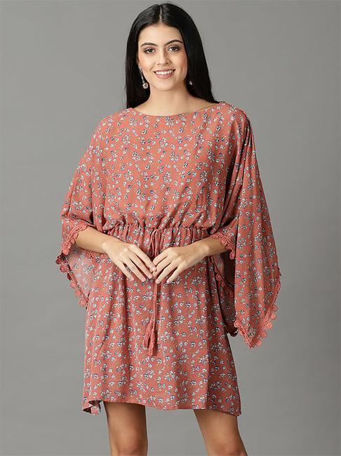 showoff rust floral print a-line dress kaftan