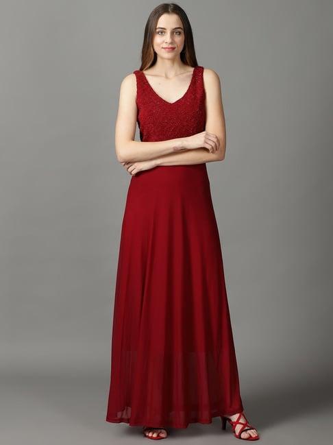 showoff maroon self pattern maxi dress