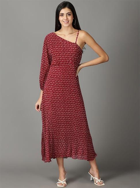 showoff maroon floral print a-line dress