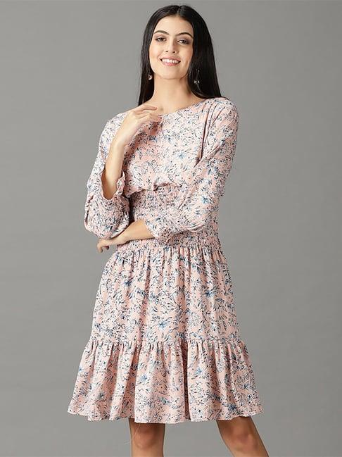 showoff peach floral print a-line dress