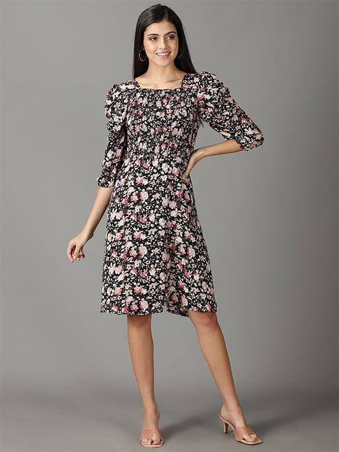 showoff black floral print a-line dress