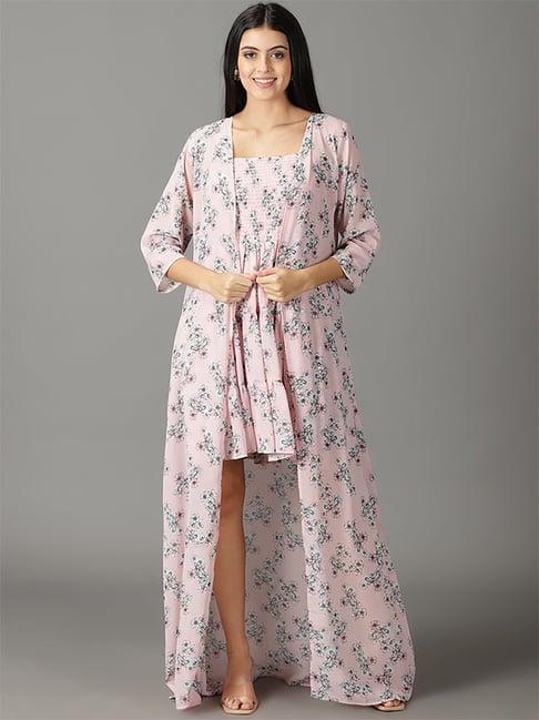 showoff pink floral print a-line dress with shrug