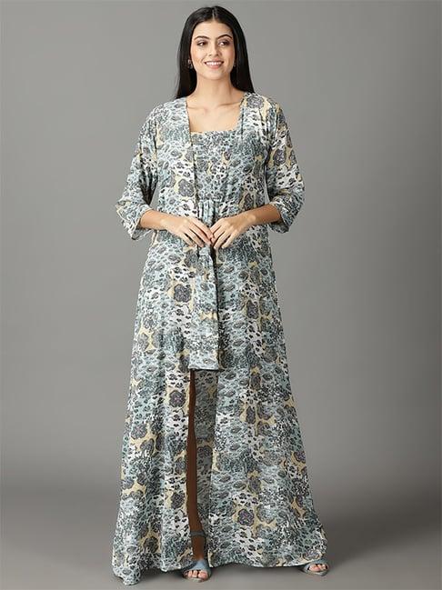 showoff sea green floral print a-line dress with shrug