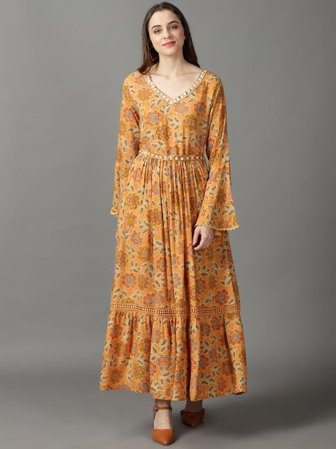 showoff mustard cotton printed maxi dress