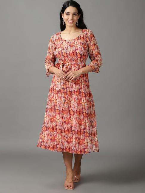 showoff orange floral print a-line dress