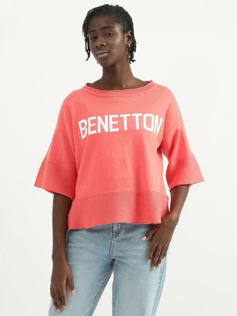 united colors of benetton coral cotton printed top