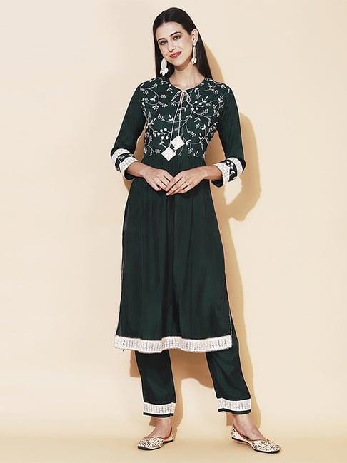 fashor green embroidered kurta pant set