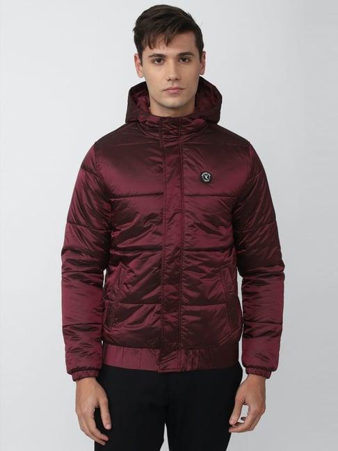 v dot maroon regular fit hooded jacket