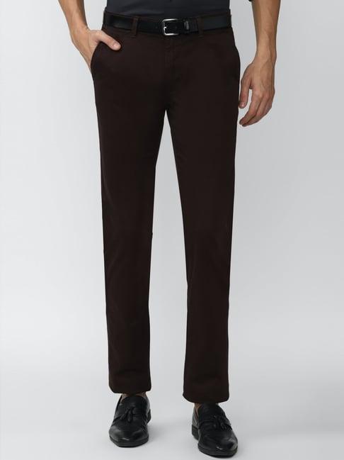 v dot brown cotton slim fit self pattern trousers