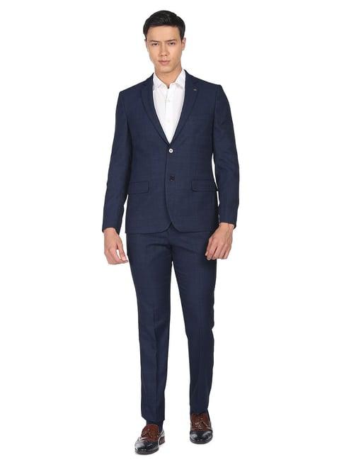 ad by arvind navy regular fit notch lapel textured two piece suit