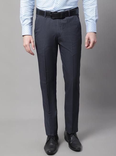 cantabil navy regular fit printed flat front trousers