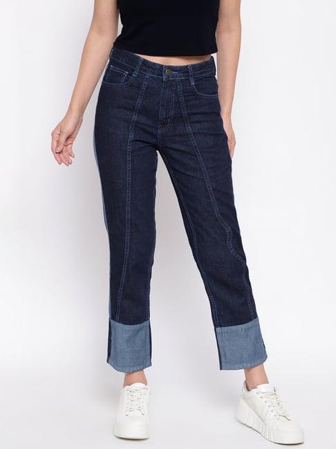 belliskey dark blue boyfriend fit high rise color-block jeans