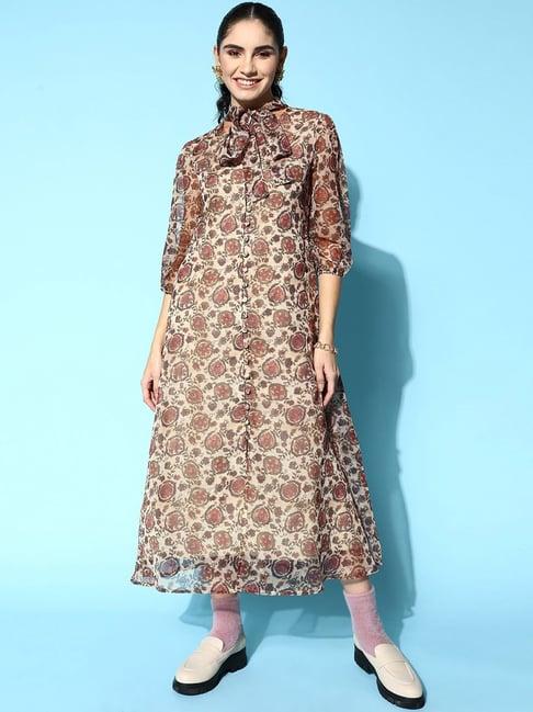 yufta beige floral print a-line dress