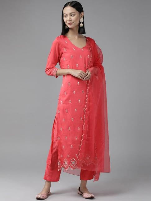 yufta coral embroidered kurta pant set with dupatta