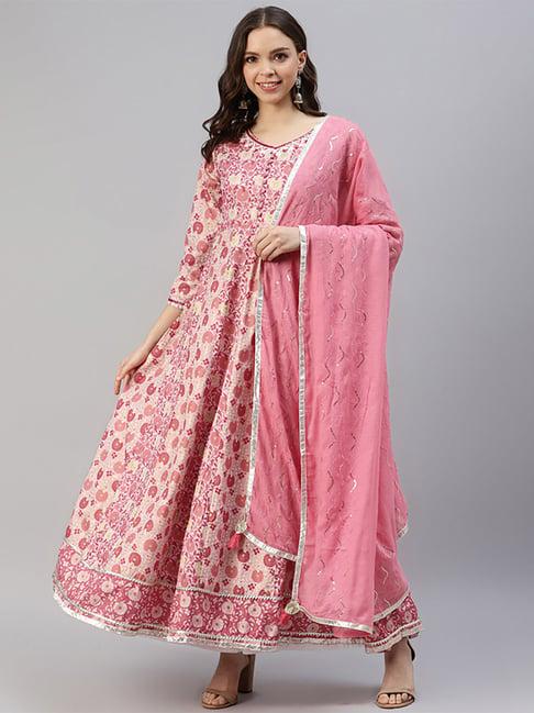 divyank pink floral print a line kurta with dupatta