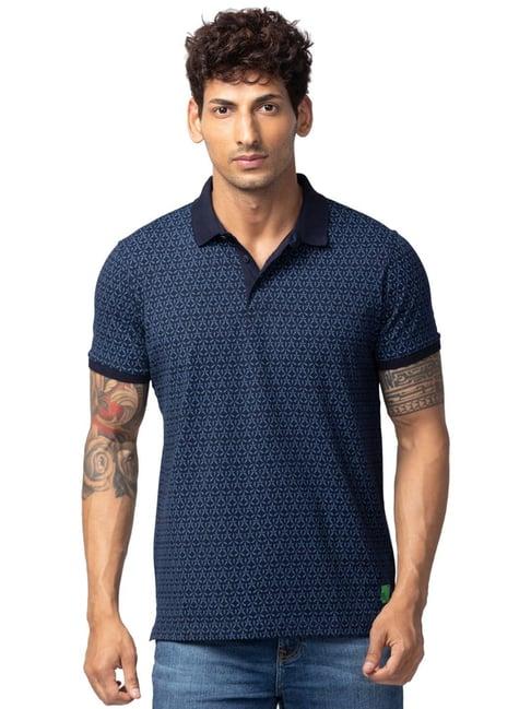 spykar navy blue slim fit printed polo t-shirt