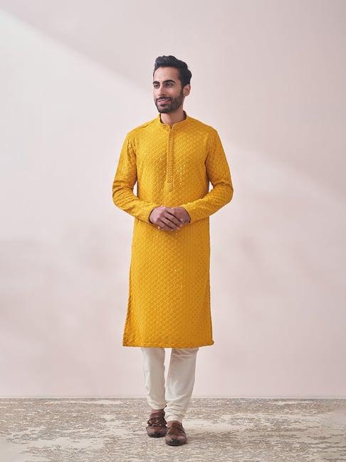 manyavar mustard regular fit embroidered kurta & churidar set