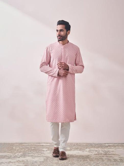 manyavar pink regular fit embroidered kurta & churidar set