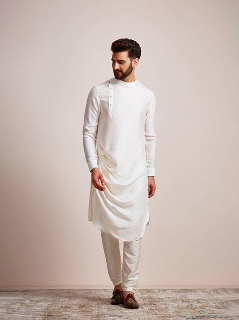 manyavar white regular fit textured kurta & pyjama set