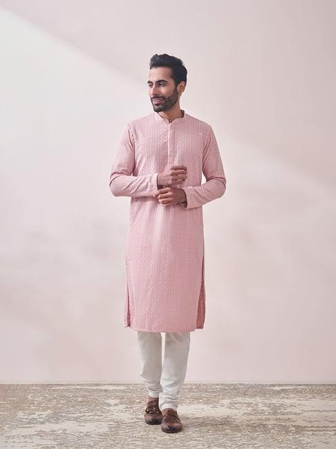 manyavar pink regular fit embroidered kurta & pyjama set