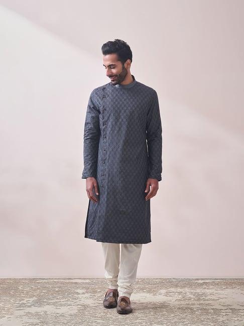 manyavar grey regular fit embroidered kurta & churidar set