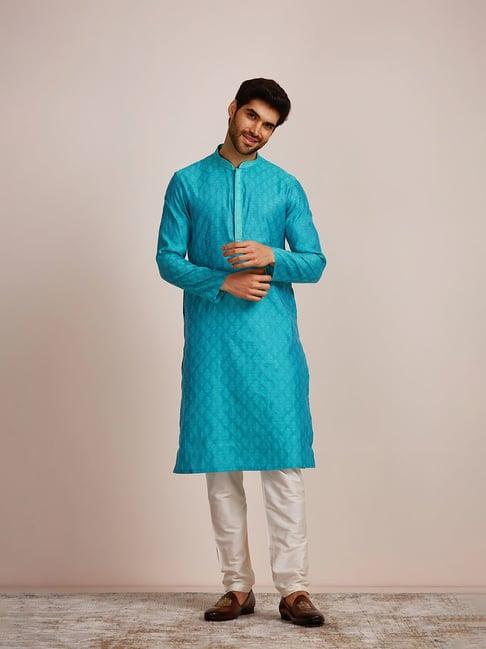 manyavar teal regular fit printed kurta & pyjama set